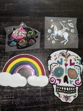 Lot Of 4 Large Iron on Patches Skull Space Spaceman Rainbow